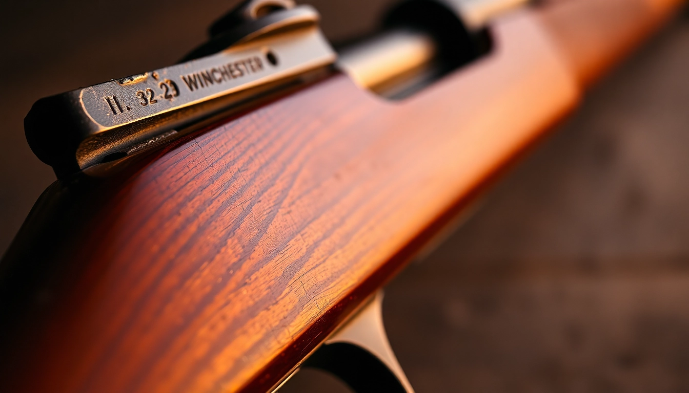 Detailed shot of a .32WIN cartridge in a classic Winchester rifle, highlighting historical firearm craftsmanship and branding.