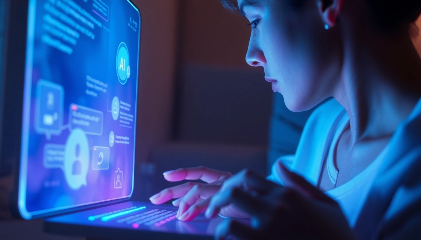 Futuristic scene of a person engaging with a holographic AI interface in a dimly lit, intimate environment, with glowing blue and violet holograms.