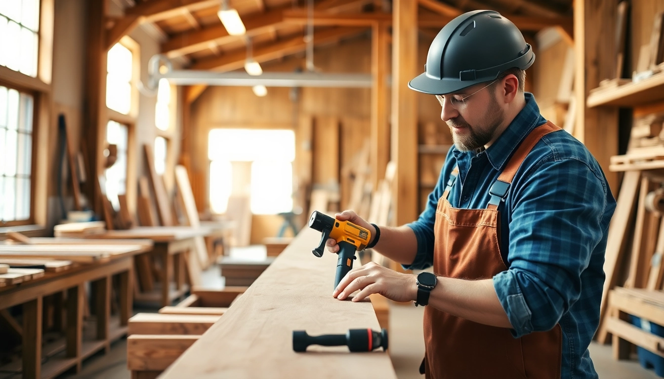 A professional carpenter shaping wood with a saw and clamps, emphasizing expert carpentry skills in a well-lit workspace.