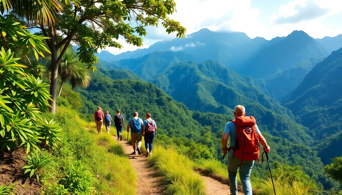 Guided trek through vibrant tropical mountains featuring trekkers equipped with backpacks on scenic trail.