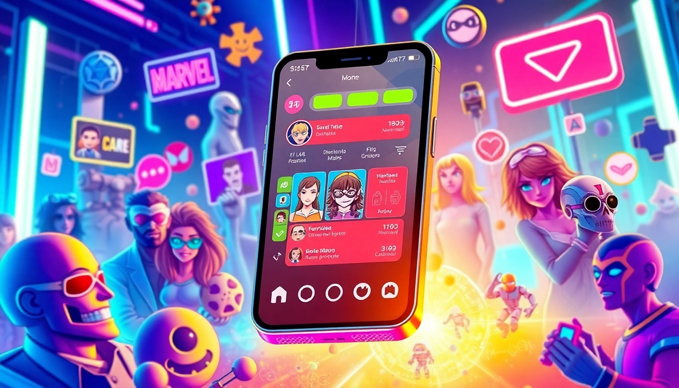 Digital illustration of a futuristic social media app with avatars and fandom icons
