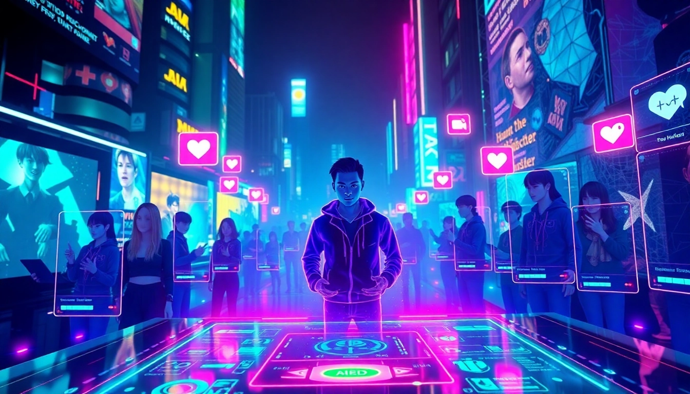 Futuristic digital social media scene with avatars and holographic profiles representing fandom characters and AI elements.