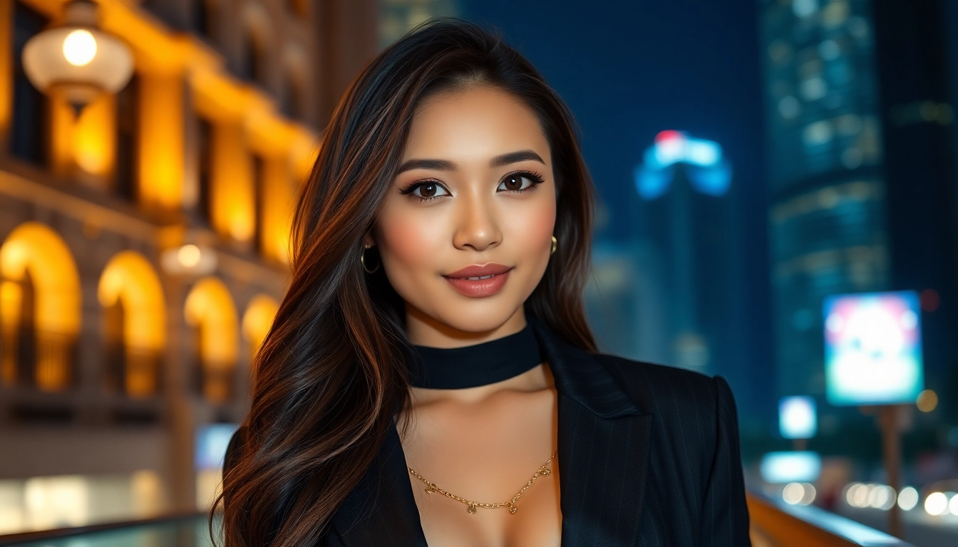 KL escort girl confidently posing in Kuala Lumpur nightlife, exuding charm and elegance.
