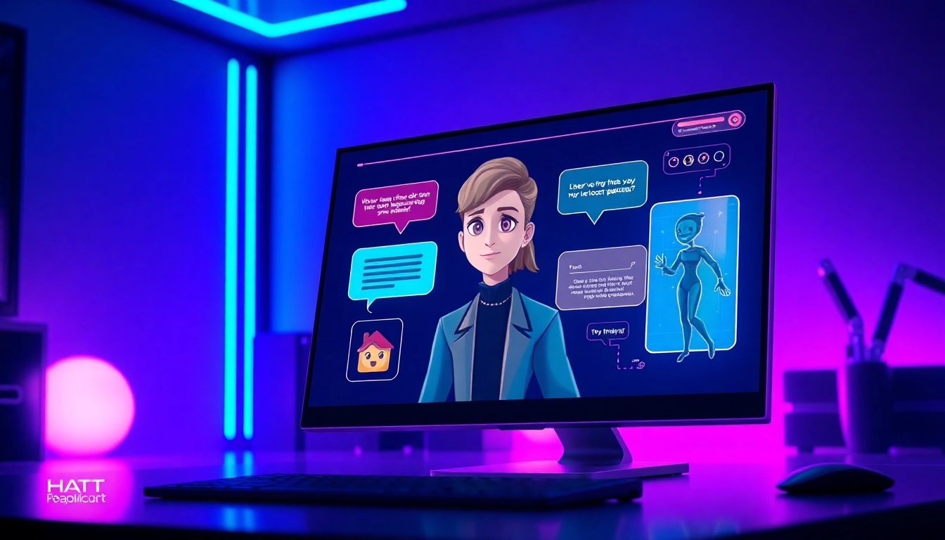 Futuristic AI character interacting on a digital screen with vibrant neon accents and expressive visuals.