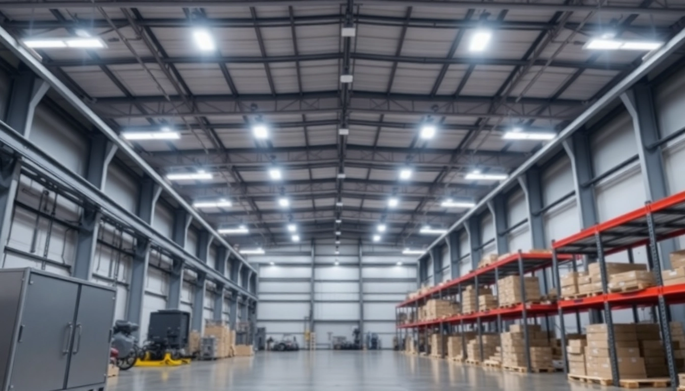 Moderne Industriehalle mit LED-Beleuchtung und großem Arbeitsbereich