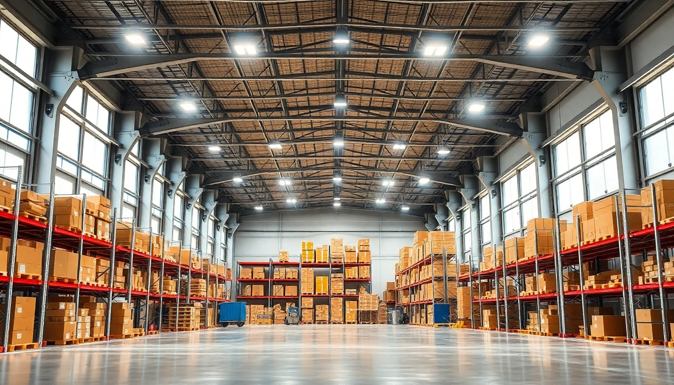 Moderne Industriehalle mit LED-Beleuchtung, klare und helle Beleuchtung, industrielle Atmosphäre