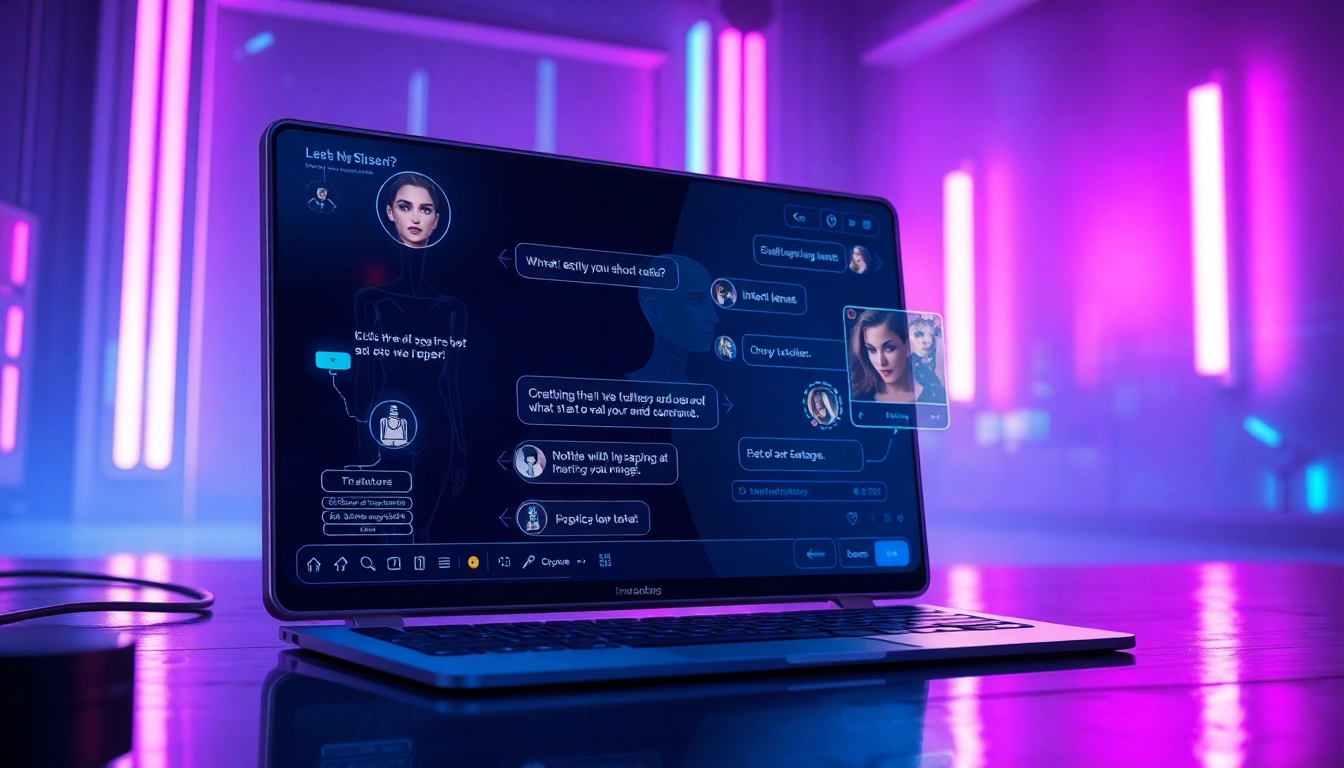 Futuristic AI chat interface with seductive character and neon cyberpunk background