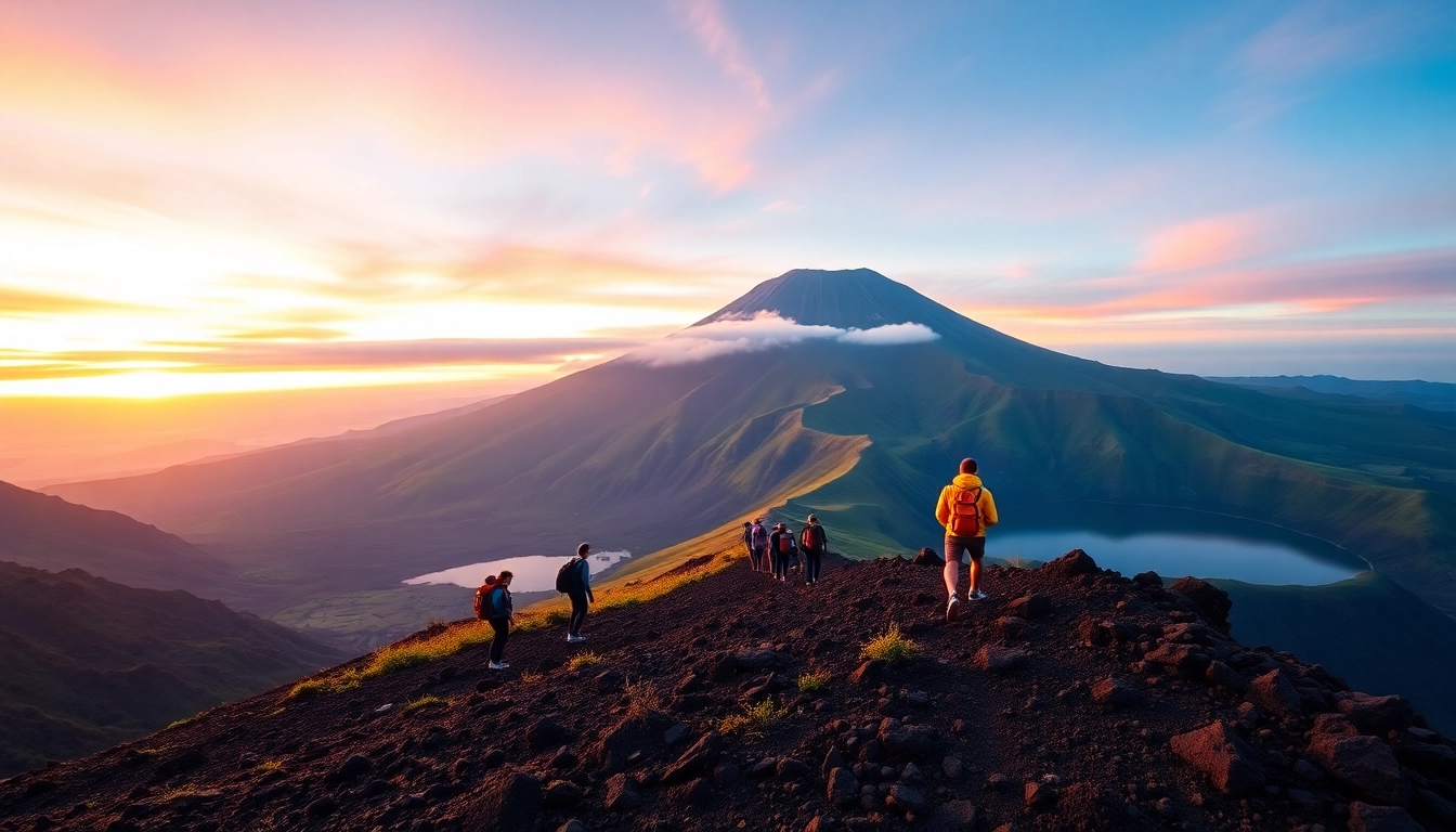 Hikers ascending Mount Rinjani at sunrise with vibrant sky and rugged volcanic terrain