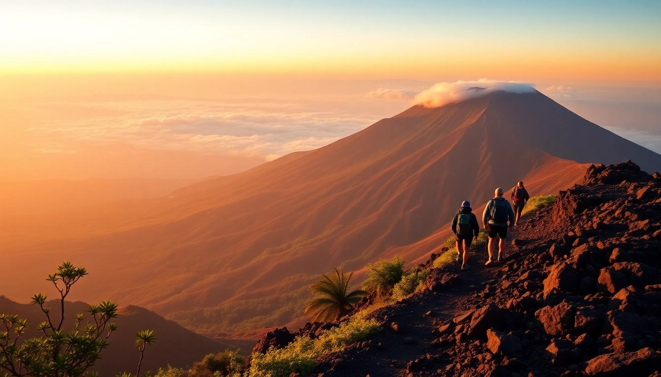 Hikers ascending Mount Rinjani at sunrise with scenic volcanic landscape and lush greenery