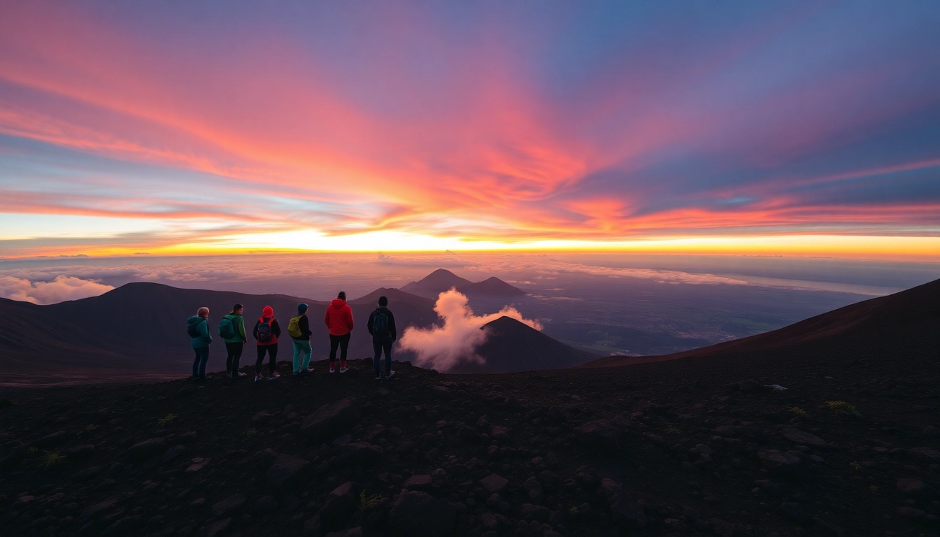 Hikers overlooking Mount Rinjani's crater at sunrise with vibrant colors and rugged terrain.
