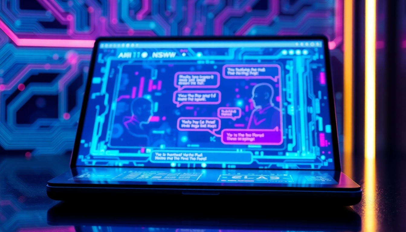 Futuristic AI chat interface with neon colors and holographic visuals representing immersive NSFW AI interactions.