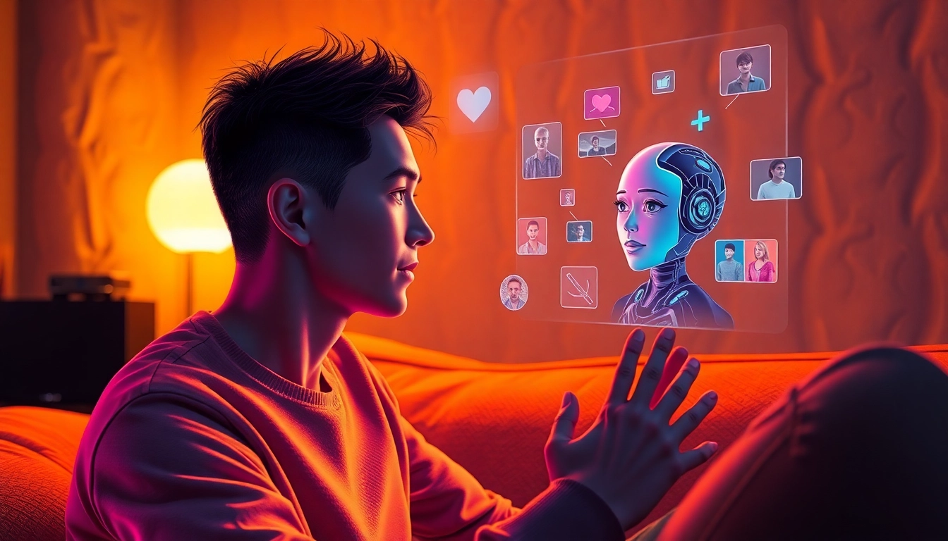 A futuristic scene of a person engaging with an AI girlfriend through holographic visuals in a cozy, modern room.