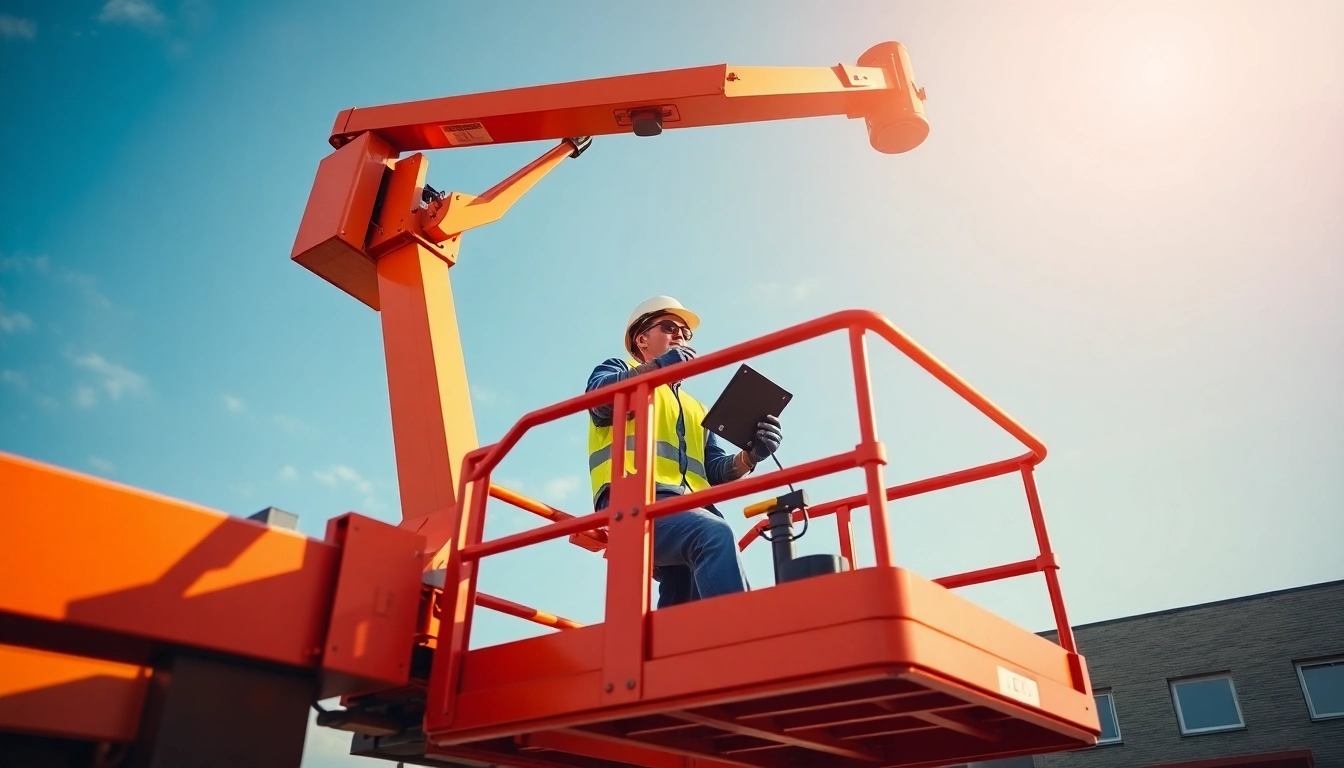 Efficient boom lift rental service with a worker using a lift to reach high outdoor areas safely and effectively.