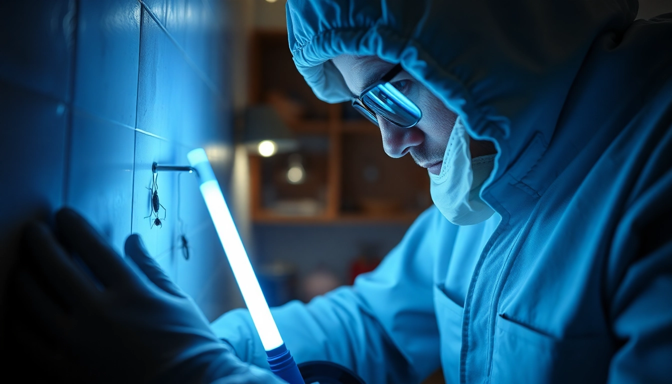 Kakkerlakken bestrijden: Technician inspects kitchen crevices using UV light for effective pest control.