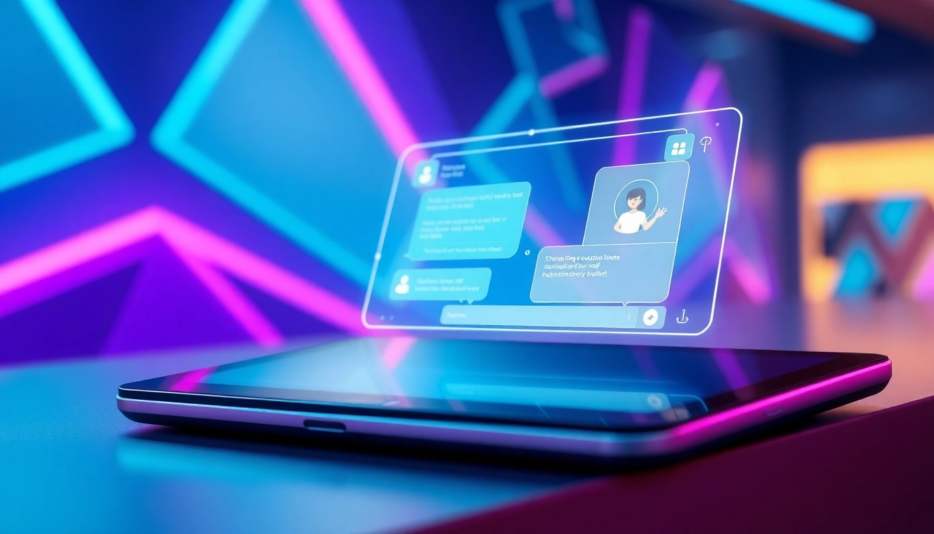 Futuristic digital chatbot interface on a sleek device with holographic chat window and vibrant high-tech background.