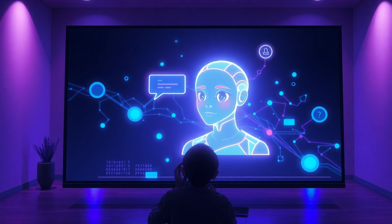 An illustration of a futuristic AI chat interface with a holographic anime-style AI figure in a neon-lit room, highlighting advanced technology and immersive interaction.