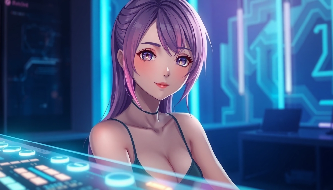 Anime-style female AI character in a futuristic room with neon lighting and holographic controls.