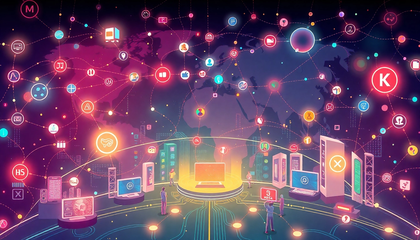Dynamic scene illustrating Lien minh KJC's global entertainment network connecting diverse