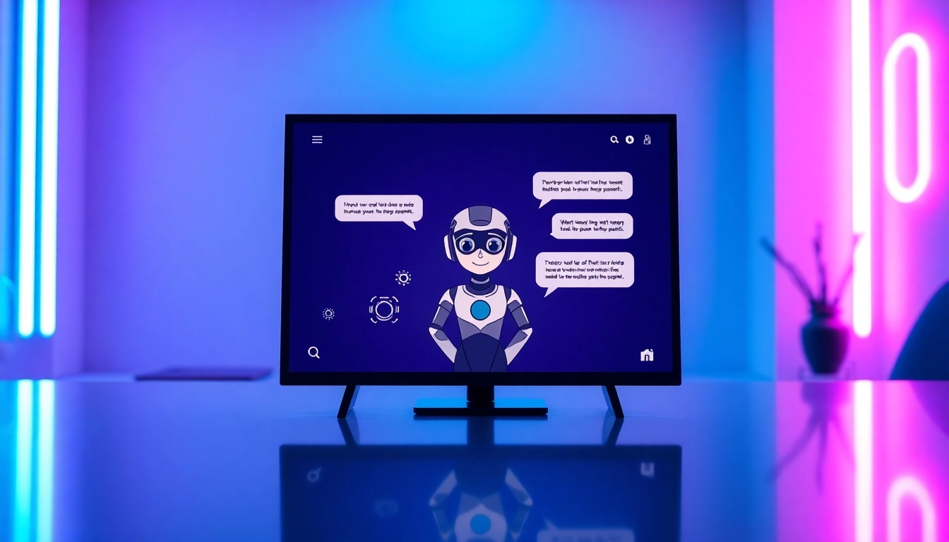 Futuristic AI chatbot interface with vibrant neon accents and a stylized avatar on a sleek screen in a high-tech workspace.