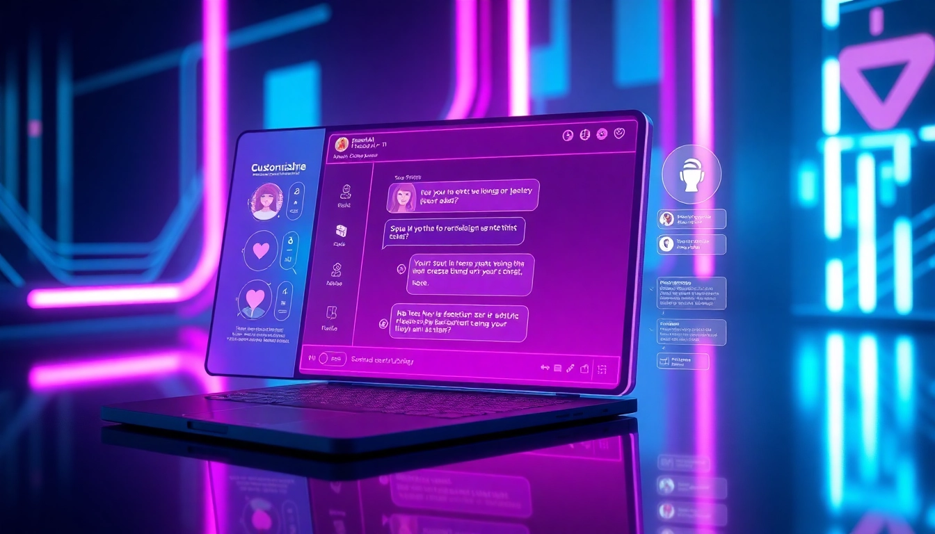 Futuristic AI chatbot interface on a modern screen with neon accents and holographic elements, highlighting advanced customization features.