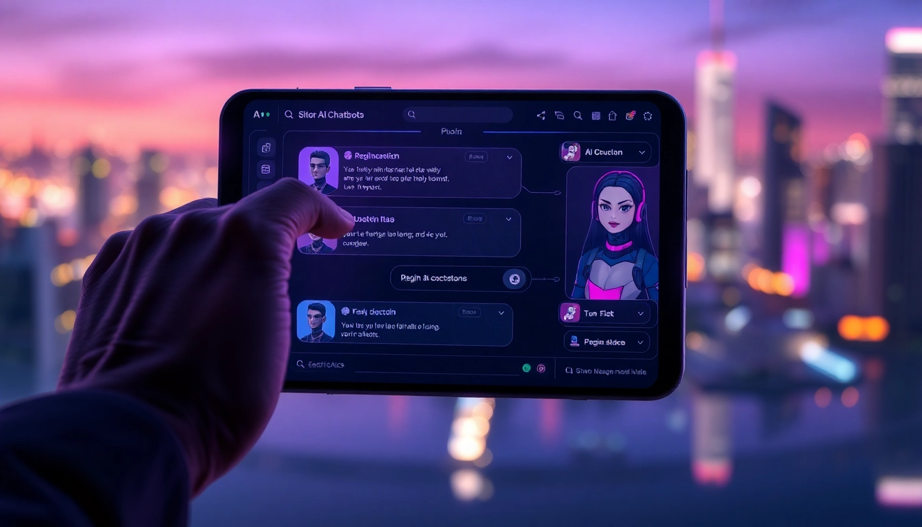 Futuristic AI chatbot interface on a sleek device with vibrant neon accents and digital avatars