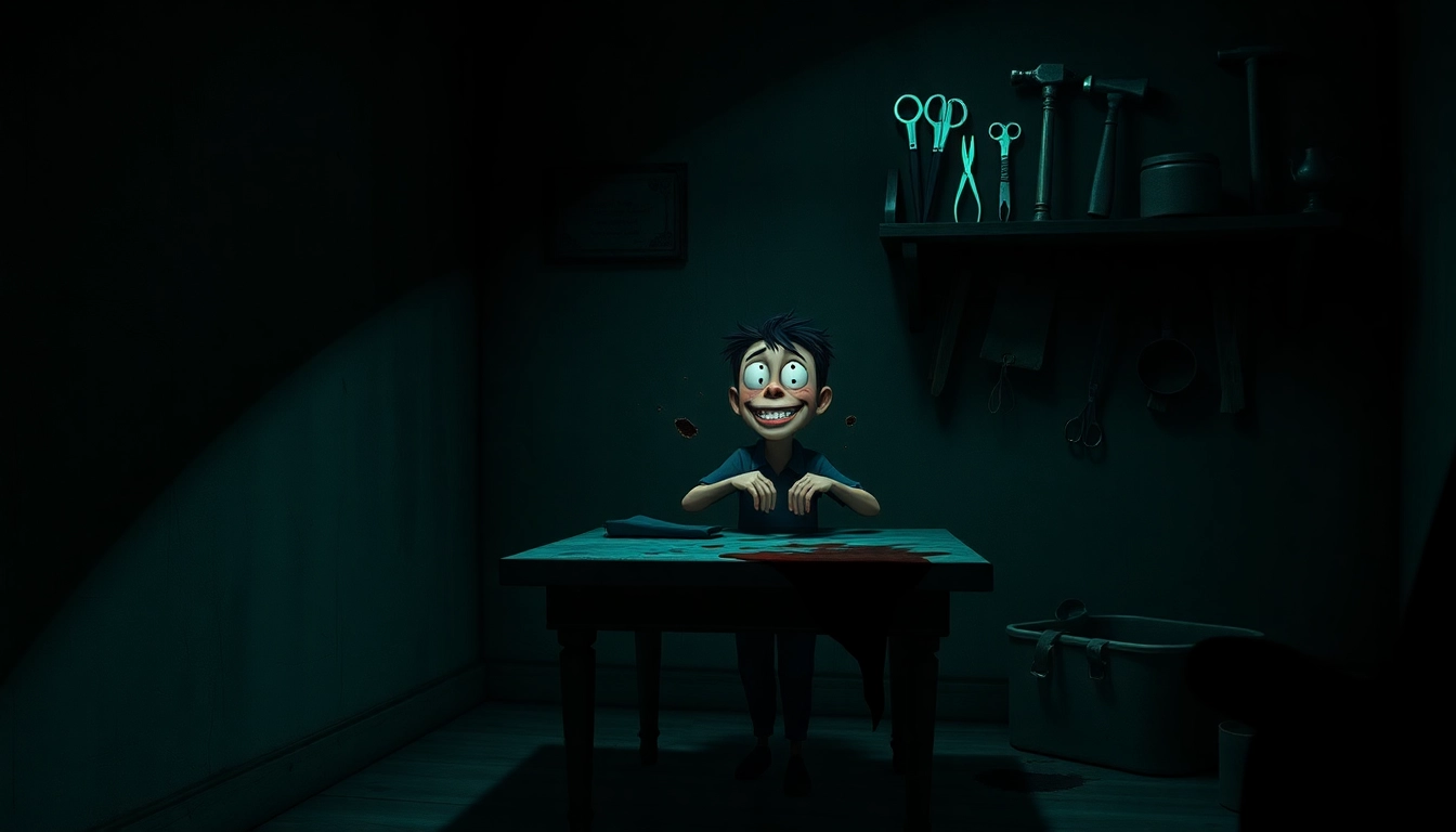 A disturbing illustration of Harvey suffering in a dark room with tools and shadows, emphasizing psychological horror.