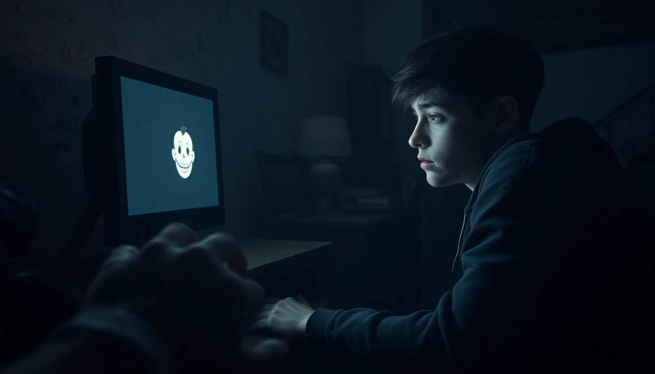 A distressed person clicking on a cheerful, smiling cartoon character on a computer screen in a dark, gritty room.