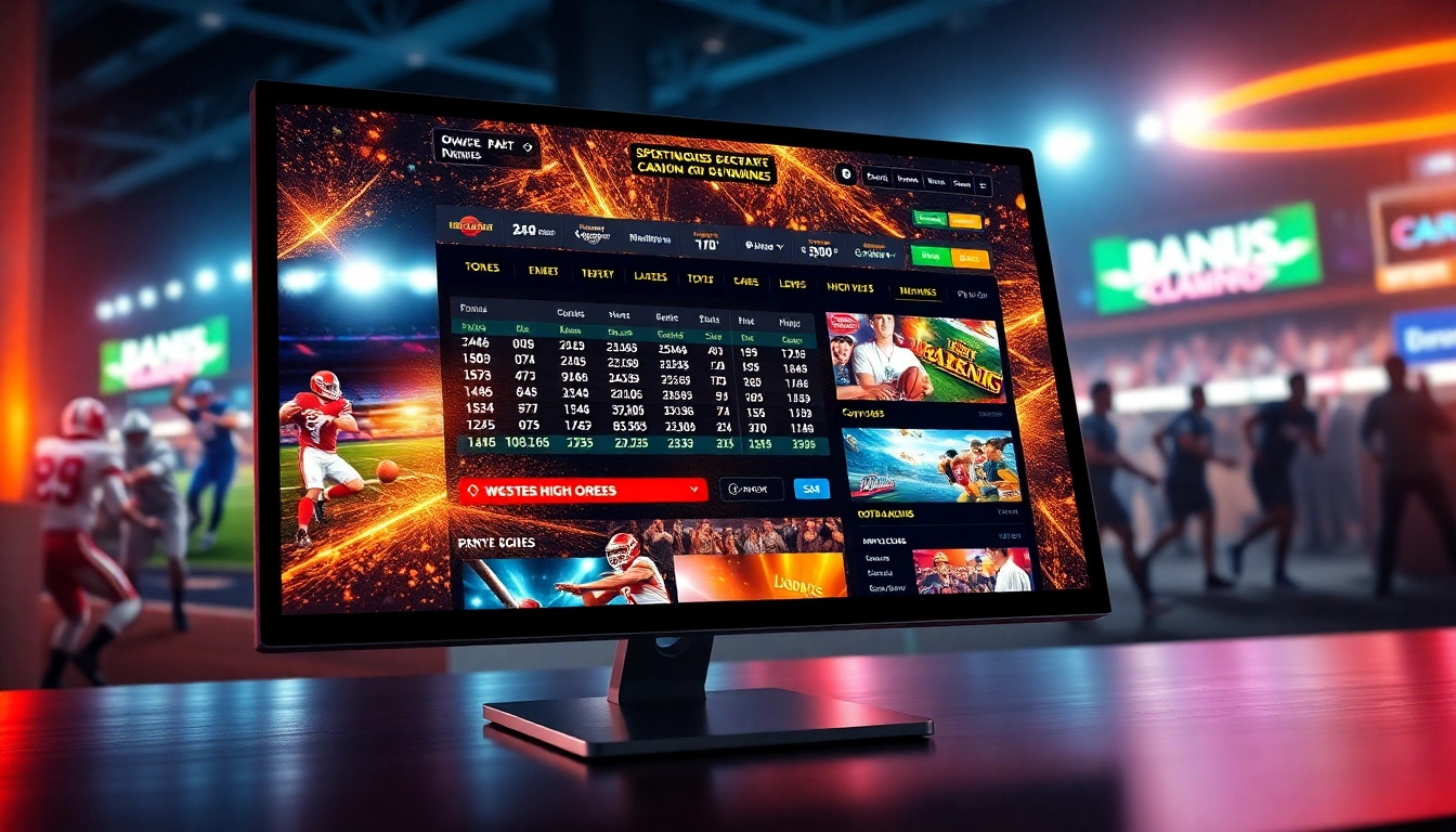 Digital sports betting platform with vibrant sports imagery and glowing odds on a sleek device screen