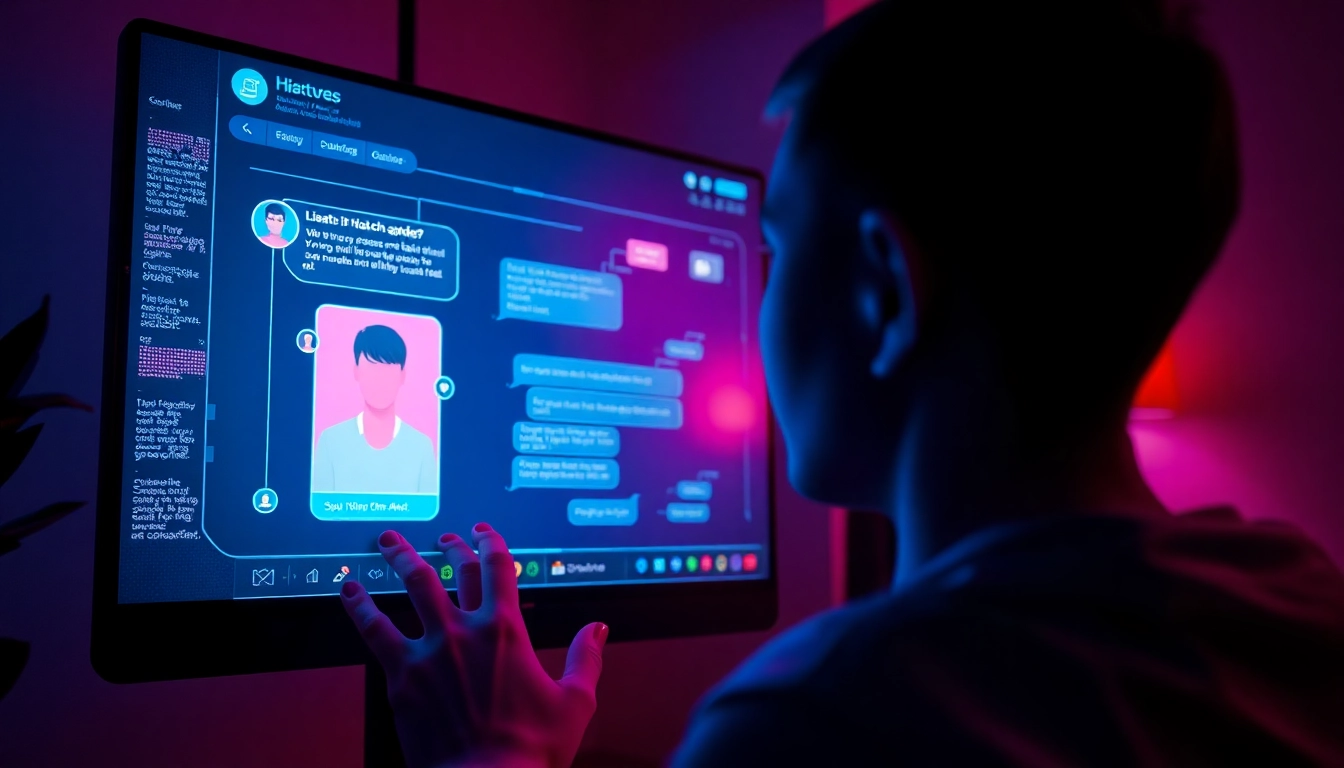 Close-up of a user interacting with a vibrant AI chatbot interface on a digital screen, with neon colors and futuristic design elements.