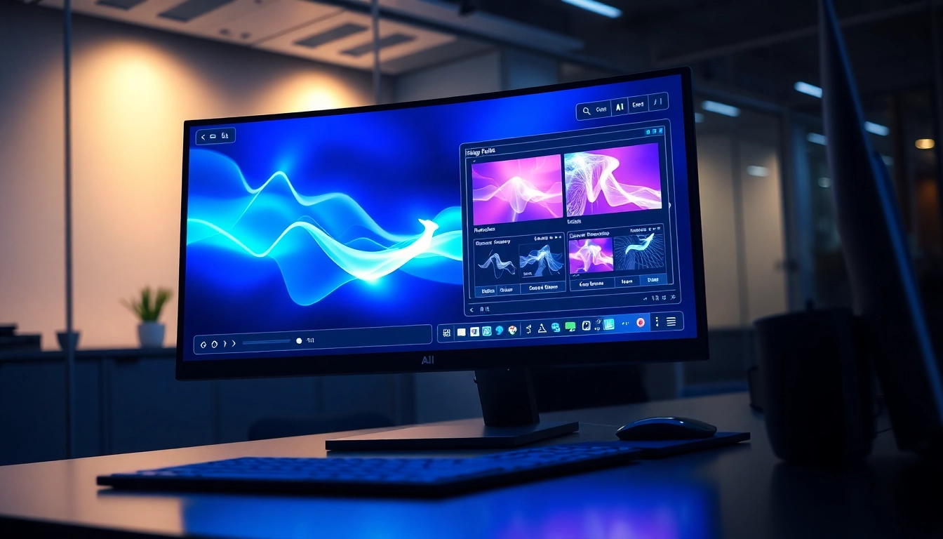 Futuristic workspace with a computer screen showcasing advanced AI image editing interface in vibrant colors and ambient lighting.