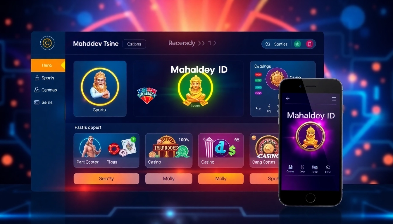 The Mahadev ID interface displayed on a smartphone with sports betting and casino options, highlighting secure login and user-friendly design for seamless betting experience.
