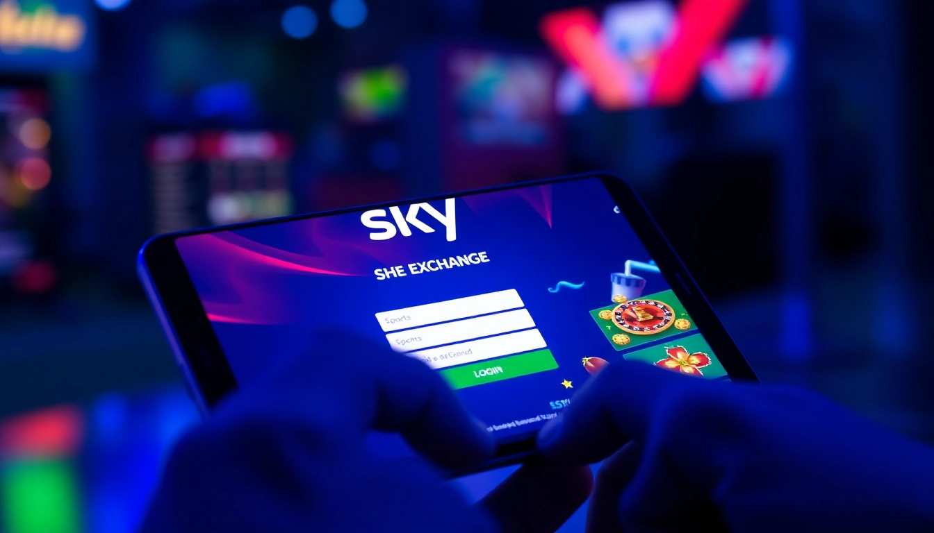 Secure Sky exchange login process on mobile device with vibrant casino and sports icons, ensuring user safety.
