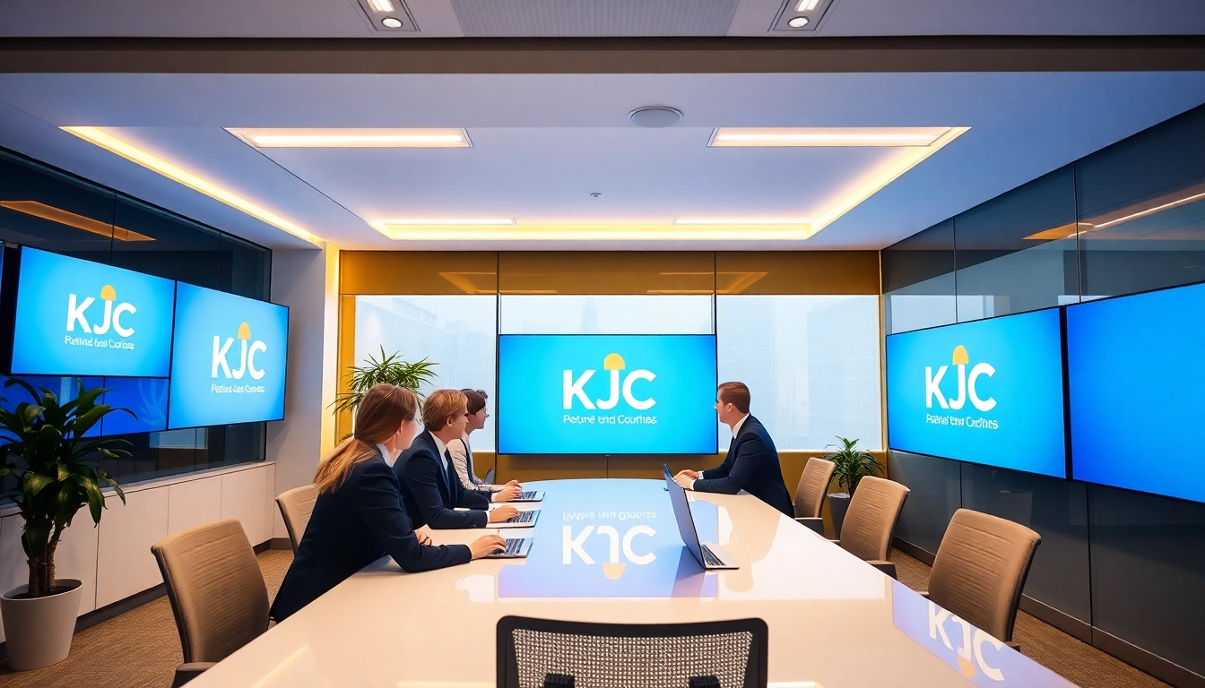 Lien minh KJC logo with team analyzing digital marketing strategies in a modern workspace