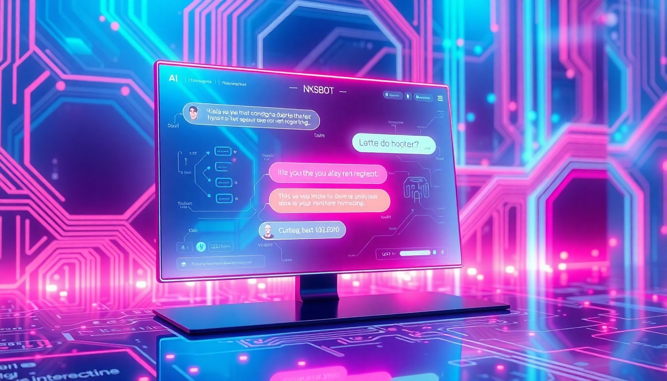 An illustration of a futuristic digital chatbot interface on a screen with neon lights and abstract digital patterns, symbolizing advanced AI technology and digital intimacy.
