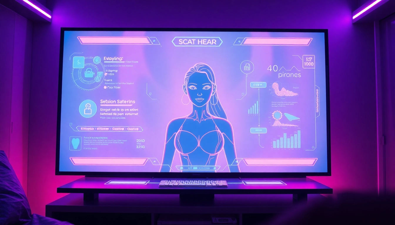 Futuristic digital interface with an alluring AI character in a neon-lit room, cyberpunk style, seductive mood.