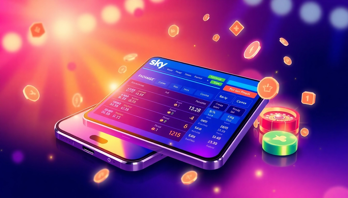 Sky Exchange online betting platform shown on a smartphone with vibrant graphics and engaging casino elements, emphasizing ease of use and secure gaming access.