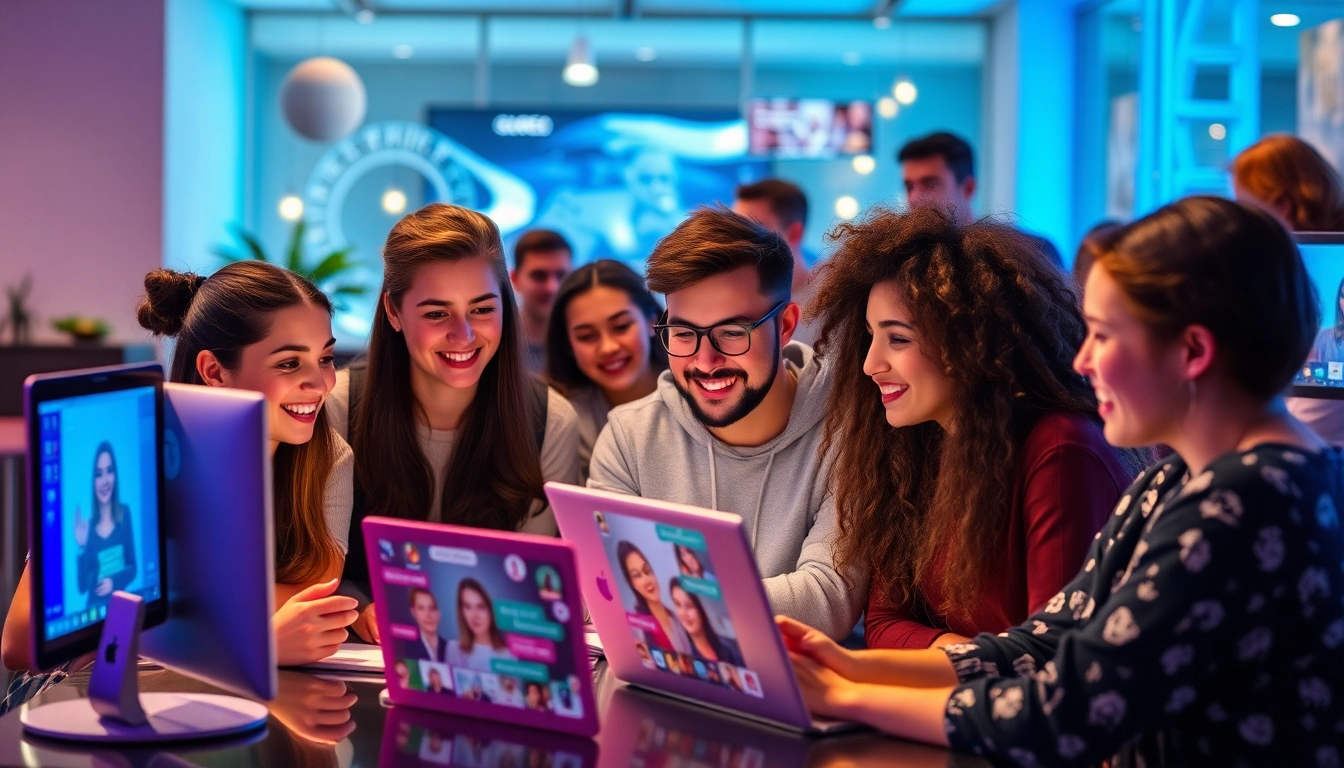 Greek chat platform showing users connecting via colorful chat windows for social interaction