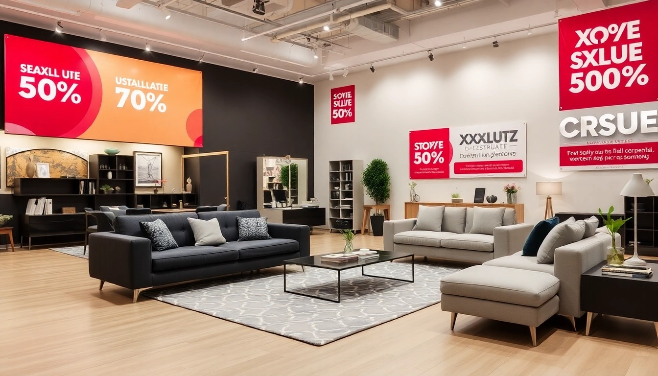 Stylish living room featuring furniture with XXXLutz sleva discounts prominently displayed for