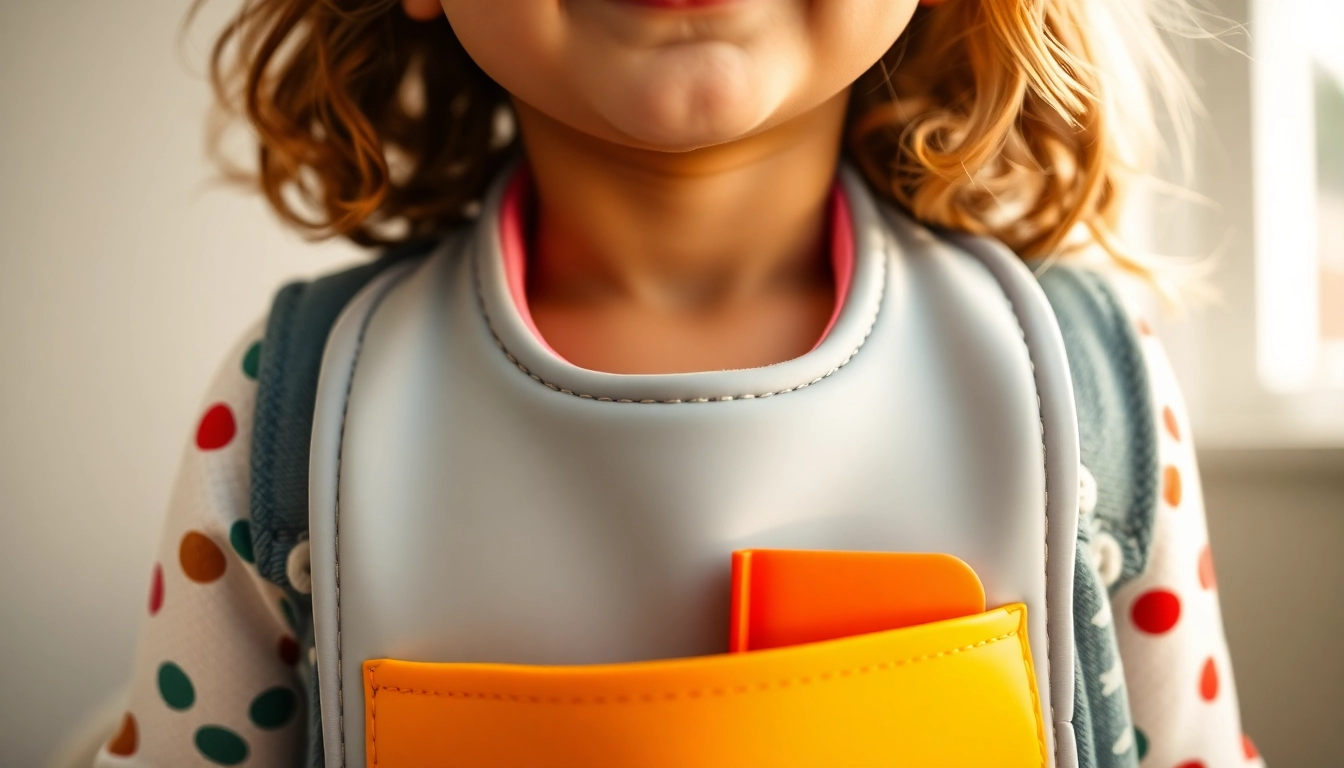 Bavaglini in silicone con tasca per bambini being worn by a happy baby during mealtime