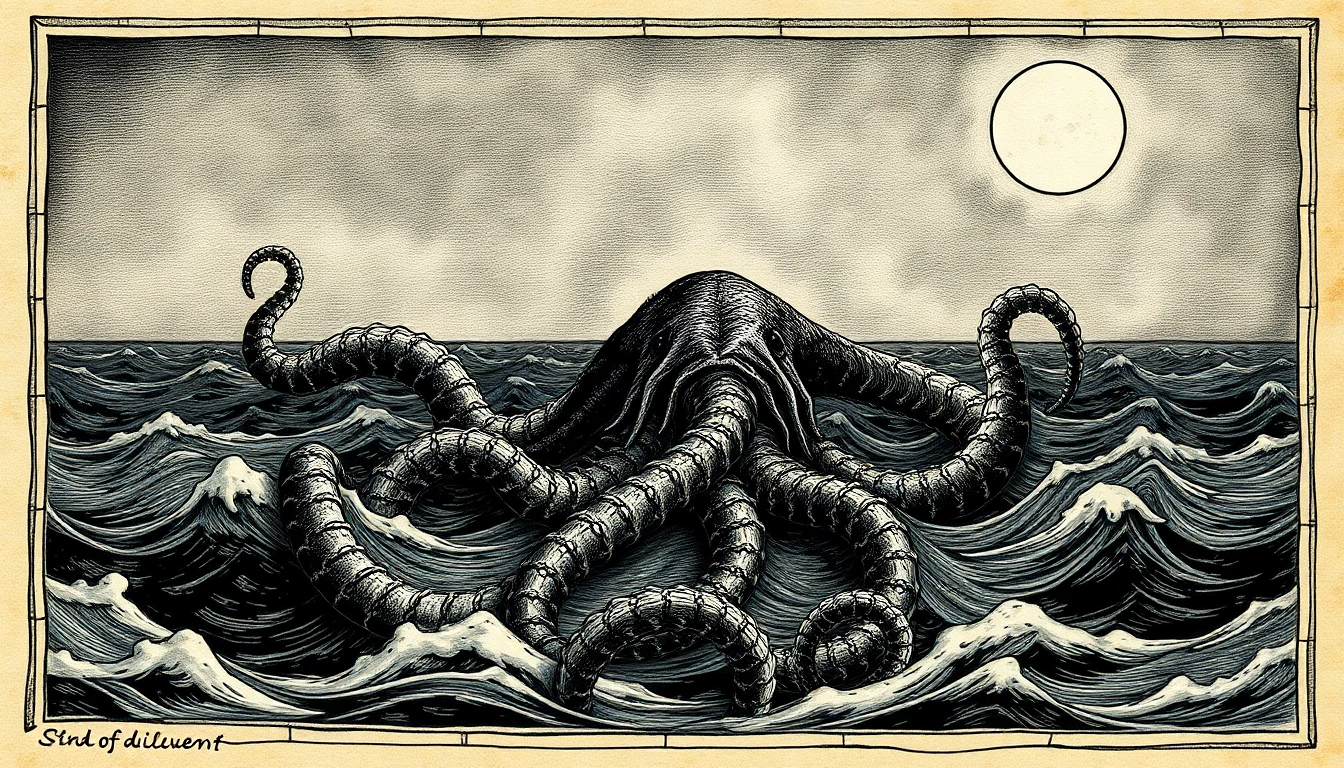 Majestic kraken emerging from deep ocean waters with colossal tentacles wrapping a ship,