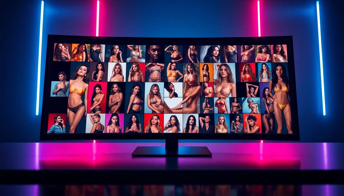 Digital collage of a modern adult website interface with diverse models and vibrant thumbnails