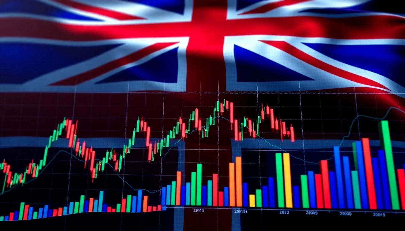 UK Trading Updates and stock market analysis with financial charts and UK flag in the background