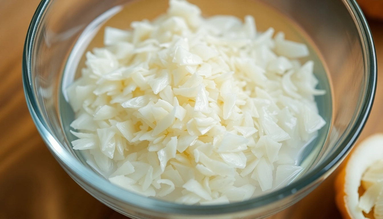 High-quality Minced Garlic in water being stirred in a glass bowl, emphasizing freshness and