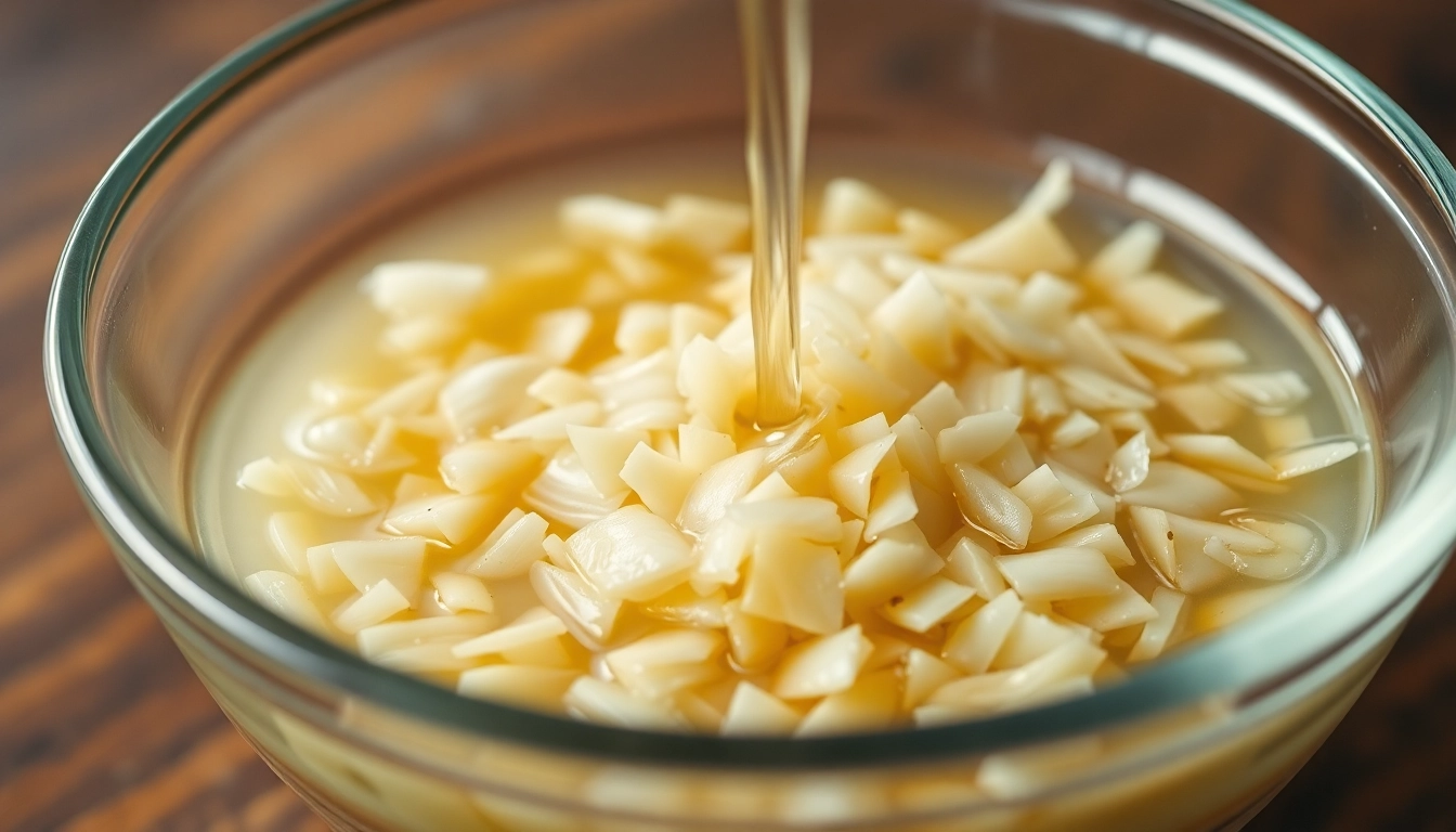 High-quality minced garlic in water being prepared for cooking, demonstrating freshness and