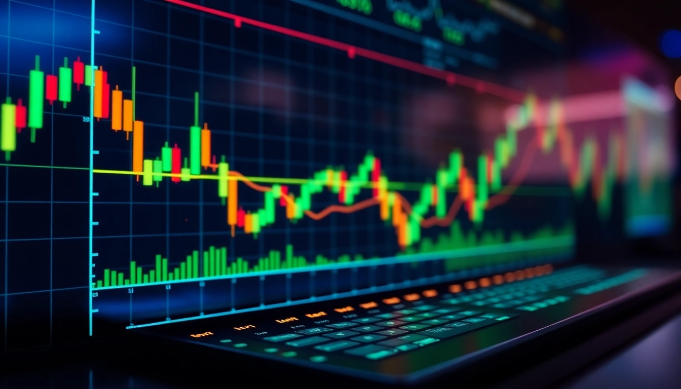 Trading view platform showing real-time stock and crypto charts with trend lines and analytics